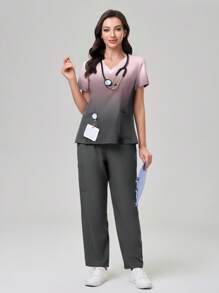 TaskEZ Ombre Short Sleeve Top And Pants Scrub Uniform Set Women Scrub Tops Scrubs Nurse Uniform Women Work Tops Work Clothes Women Set Women Scrubs Set - Multicolor - View 2