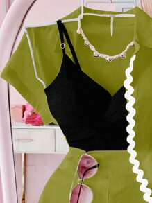 Selianne 2pcs Women Casual Vacation Patchwork Ribbon Short Sleeve Shirt And Shorts Set