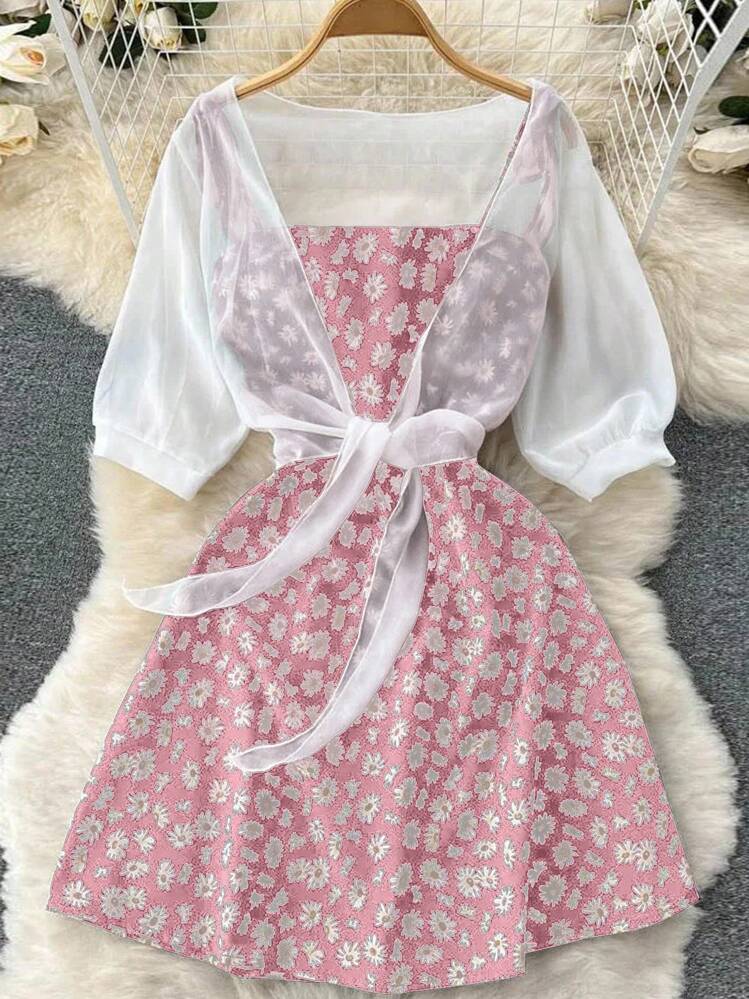 SHEIN Clasi 大码度假休闲纯色背心和雏菊印花吊带裙两件套 - 粉色 - 查看 3