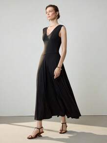 Uhlyne Elegante vestido minimalista de moda retro básico para mujer, con diseño de cuello en V, unicolor y de alta gama