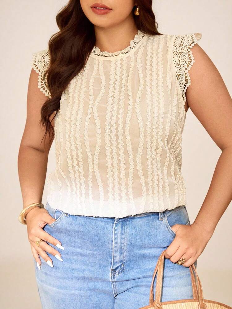 Elaquor Plus Size Elegant Solid Color Textured Sleeveless Shirt, Summer - Apricot - View 4