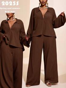 Veslaya 2025 New Spring/Fall Solid Color Jam Color V-Neck Solid Shirt With Flared Sleeves And Wide Leg Pants Set,Fall Clothes For Women - Brown - View 3