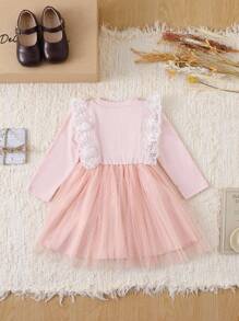 SHEIN Baby Girls' Pink Lace Patchwork Elegant Long Sleeve Dress - Pink - View 2
