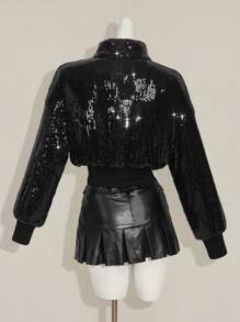 SHEIN ICON 女士性感街头亮片立领短款宽松夹棉大衣 - 黑色 - 查看 2