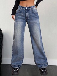 Women's Casual Daily Washed Slant Pocket Wide Leg Jeans