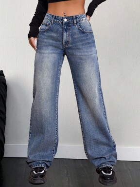 Women's Casual Daily Washed Slant Pocket Wide Leg Jeans