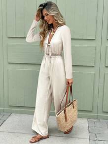 Serisse 女士度假休闲波西米亚风V领长袖连体裤 - 杏色 - 查看 1