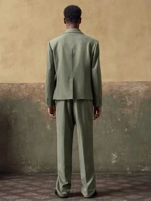 AKNOTIC Business Casual 2pcs Men's Woven Casual Loose Fit Long Sleeve Jacket And Straight Leg Pants Set - Olive Green - View 7