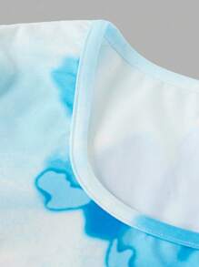 SHEIN 青少年女孩蓝色休闲花卉印花长袖锁眼腰部褶饰紧身连衣裙（含短裙）两件套 - 藍色 - 查看 3