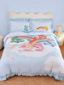 SHEIN X Care Bears 3pc Cute Cartoon Bear & Rainbow Print Ruffle Trim Bedding Set,Suitable For Single Bed/Double Bed/Queen Bed/King Bed, Dormitory/Home - Blue - View 1