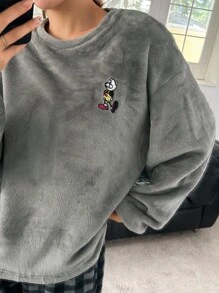 DAZY 珊瑚绒刺绣宽松上衣搭配格子图案宽松蓬松睡裤家居服套装，保暖内衬，秋冬舒适套装 - 灰色 - 查看 6