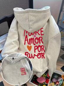 Flirla 大码女款“more Amor Por Favor”字母印花抽绳连帽衫，秋冬款 - 淺灰色 - 查看 1