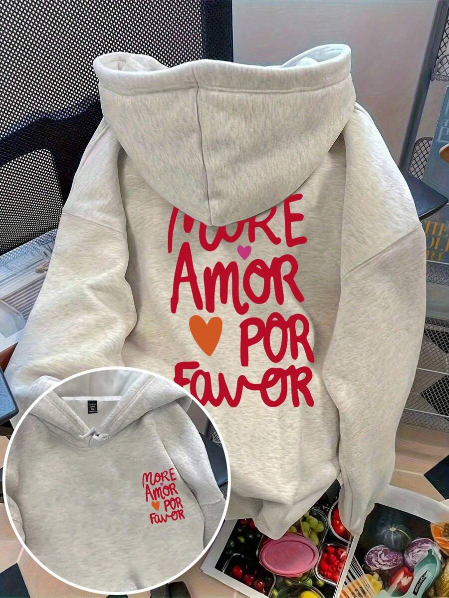 Flirla 大码女款“more Amor Por Favor”字母印花抽绳连帽衫，秋冬款 - 淺灰色 - 查看 1