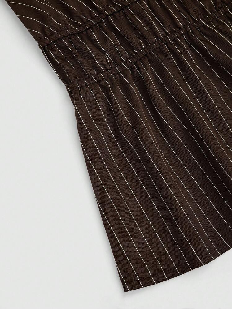 Sweetra Áo blouse dáng rộng, xẻ chữ V sâu, buộc dây phía trước, tay loe, eo bó, họa tiết sọc nâu trắng, thường ngày, đi làm, hẹn hò, cỡ lớn - màu nâu - Xem 6