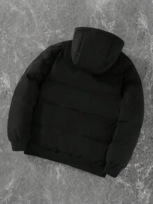 Manfinity EMRG Men's Black And White Letter Graphic Zip-Up Hooded Winter Coat,Thermal Lined Casual Streetwear,Long Sleeve Fall Apparel For Hiking,Campus & Halloween - Black - View 2