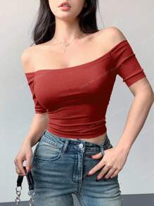 DAZY 夏季女士纯色露肩紧身短袖短款上衣 - 紅色 - 查看 4