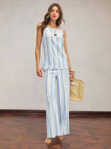 ATUI Studio Blusa de rayas azules de lino estilo bohemio para mujer, ideal para vacaciones, tiempo libre y uso casual en la oficina o como invitada de boda