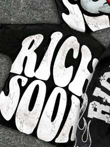 SHEIN 青少年男孩休闲酷炫卡通人物印花，“Rich Soon”文字印花圆领 T 恤上衣、钱包和火焰印花喇叭裤 2 件套，适合夏季、街头服饰、摇滚音乐、优雅休闲 - 彩色 - 查看 3