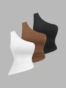 Sweetra Nouveau ensemble de blouse femme printemps/été asymétrique avec col asymétrique, boucle métallique décorative sur une seule épaule, convient pour les vacances à la plage