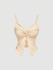 SHEIN MOD Áo hai dây xoắn trơn màu thanh lịch dành cho nữ mùa hè - Màu be - Xem 7