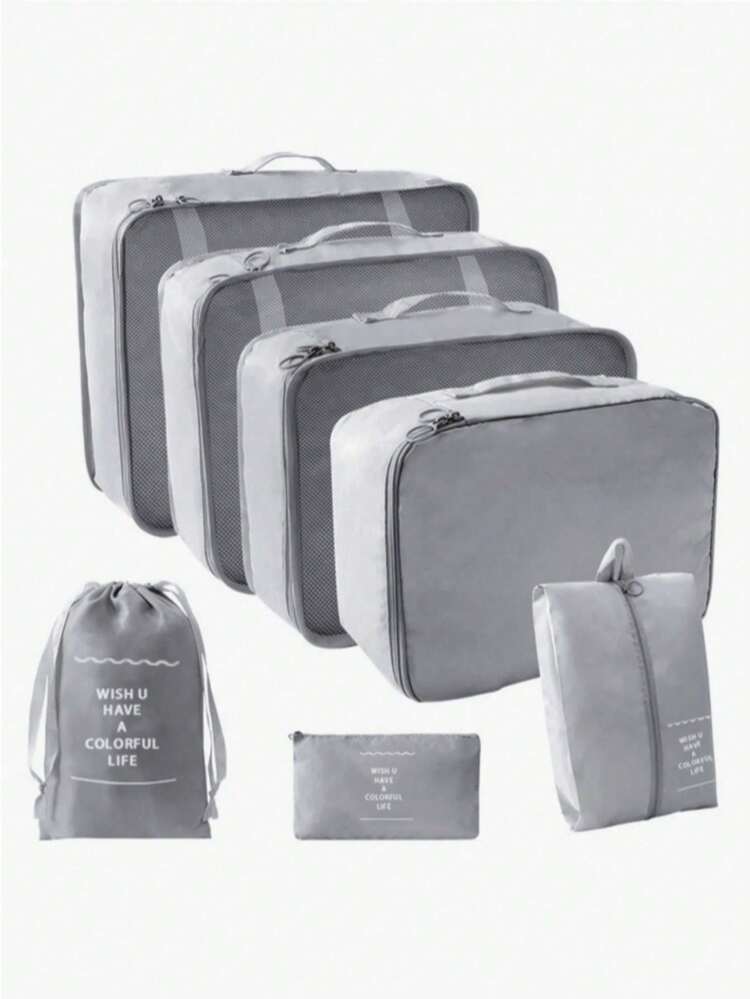 7 件优质纹理纯色旅行收纳袋字母衣物收纳袋，旅行收纳套装，收纳袋套装，行李收纳袋套装，学校用品，大学宿舍必需品，学生房间装饰品，可放置口红、刷子、护肤品、手机、硬币、小物件，适用于家庭、礼物、度假和节日万圣节圣诞节多功能用途，波西米亚风 - 彩色 - 查看 14