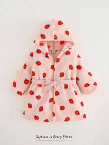 Cozy Pixies كارديجان مبطن بأكمام طويلة مع كابوشون بنمط الفراولة للبنات الصغار، للخريف والشتاء