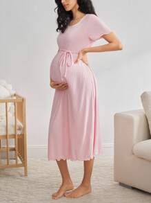 Moonlight&Mama Comfortable Striped Elastic Drawstring Short Sleeve Nightgown, Maternity Loungewear - Pink - View 3