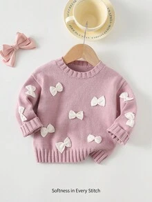 Cozy Pixies Baby Girl Colorblock Bow Decor Crew Neck Long Sleeve Pullover Sweater, Versatile & Comfortable,In Fall/Winter - Multicolor - View 1