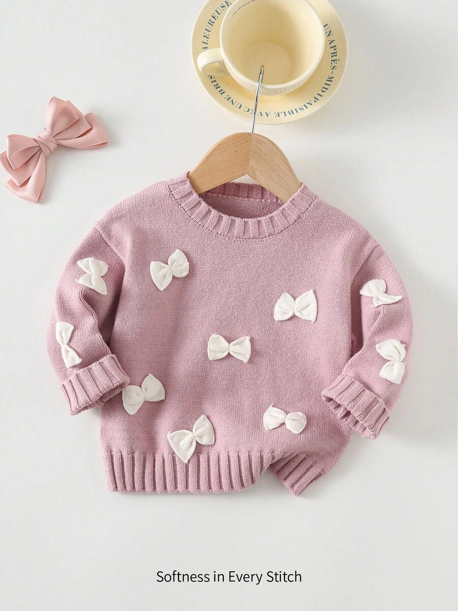 Cozy Pixies Baby Girl Colorblock Bow Decor Crew Neck Long Sleeve Pullover Sweater, Versatile & Comfortable,In Fall/Winter - Multicolor - View 1
