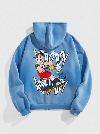 Astro Boy X ROMWE Men's Cartoon Figure Graphic Long Sleeve Zip Up Hoodie Sweatshirt , Fall Winter