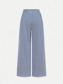 SHEIN Girlism 青少年女孩休闲日常修身 U 领长袖蓝白条纹蝴蝶结装饰针织 T 恤上衣和配套直筒宽裤 2 件套弹力针织条纹服装，舒适运动服套装