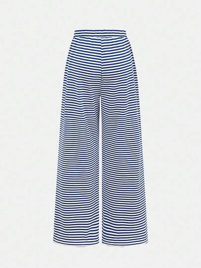 SHEIN Girlism Tween Girls Casual Everyday Fitted U-Neck Long Sleeve Blue & White Striped Bow Decor Knit T-Shirt Top And Matching Straight Leg Wide Pants 2 Pieces Stretchy Knit Striped Outfit, Comfortable Activewear Set Fall Winter