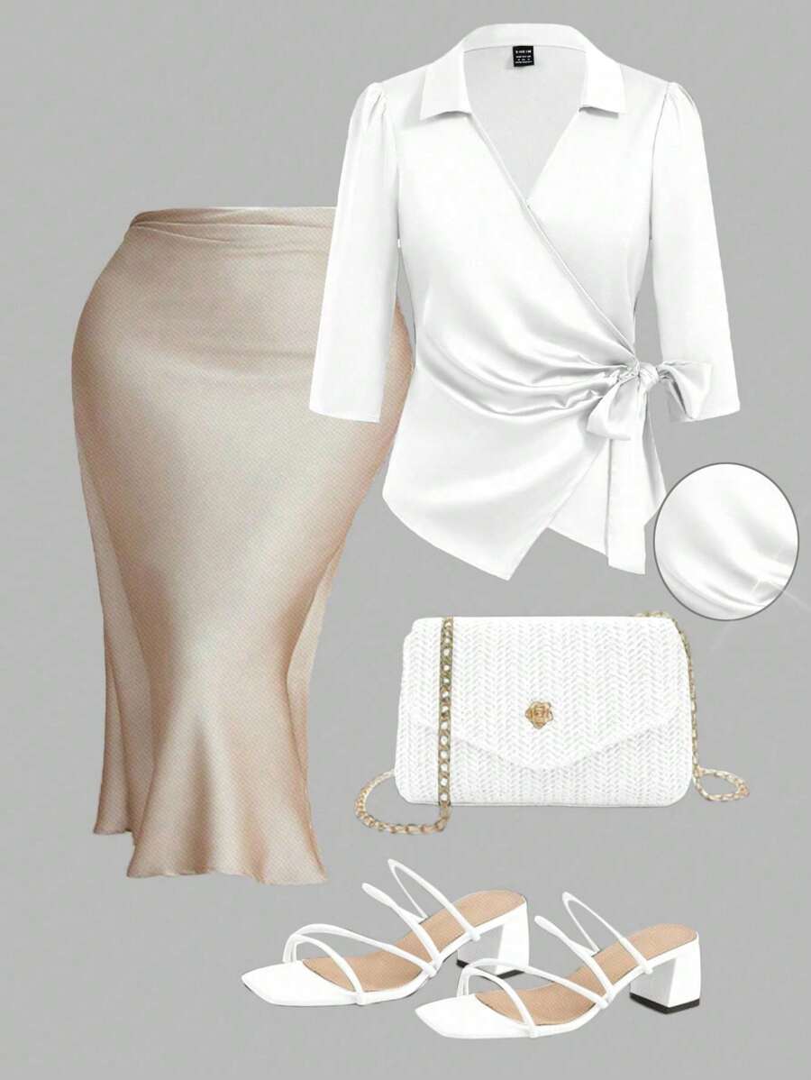 Ellevyn 女士纯色交叉缠绕褶皱不对称下摆优雅衬衫 - 白色 - 查看 1