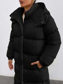 EURMUSE Keep Warm Feature, Maxi Lenght, Side Popper Detailed Puffer Winter Coat - Black - View 5
