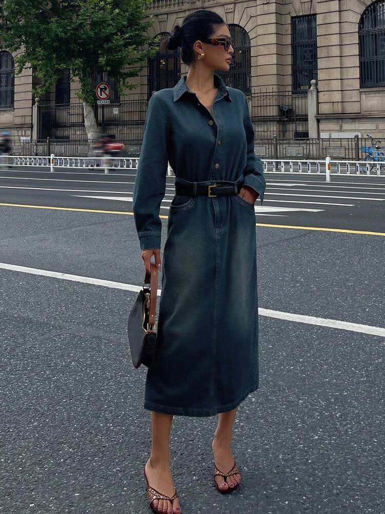 Vintage Long Sleeve Denim Dress, Waist Cinched Slim Fit Bodycon Dress For Women Maxi Dress