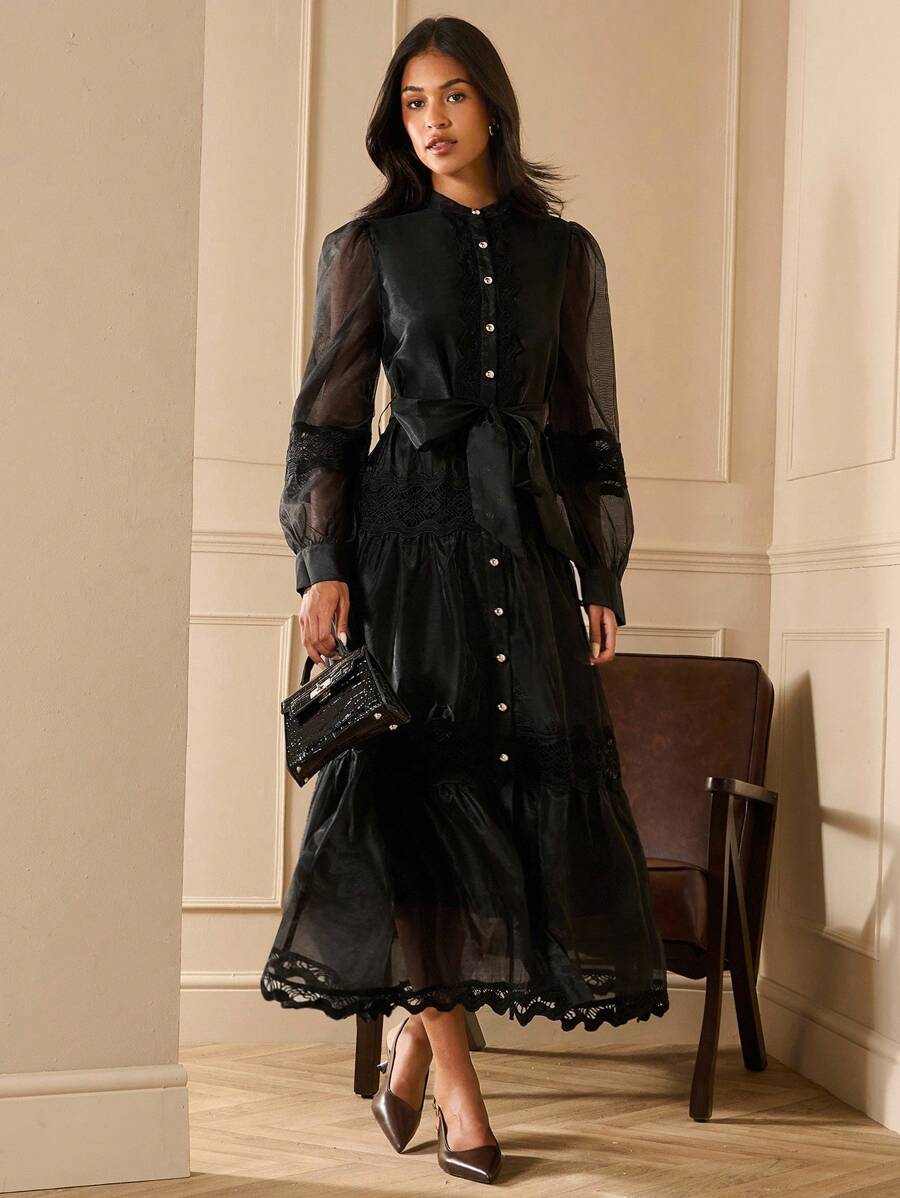 Lilora Váy maxi xếp nếp nhiều lớp ren đen trơn màu cổ điển lãng mạn thanh lịch có nút, thắt eo, nơ, tay áo đèn lồng cho tiệc tùng, mùa xuân/thu - màu đen - Xem 1