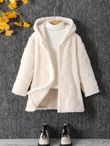 SHEIN 年轻女孩 1 件毛绒保暖经典街头风格连帽长袖外套年轻女孩蓬松外套 - 卡其色 - 查看 3