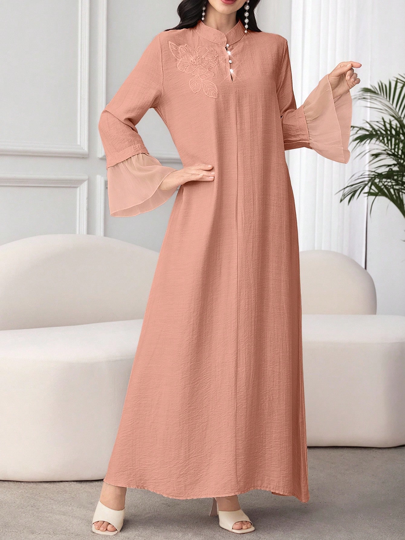 Al Najma فستان نسائي بياقة عالية وأكمام طويلة مع ت...