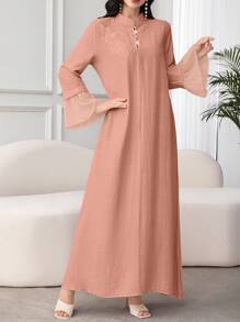 Al Najma 女式立领长袖连衣裙，带贴花和网眼拼接，宽松版型 - 藕粉色 - 查看 5