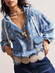 Bohemela 大码休闲复古碎花连帽衫 - 藍色 - 查看 4