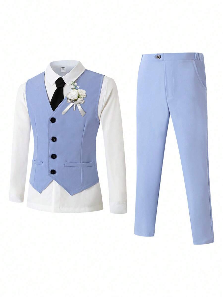 SHEIN 2pcs Tween Boys' Slim Fit Wedding/Formal Event Piano Performance Vest & Pants Suit Set, Spring/Summer, School, Campus, College Fall Winter - Blue - View 1