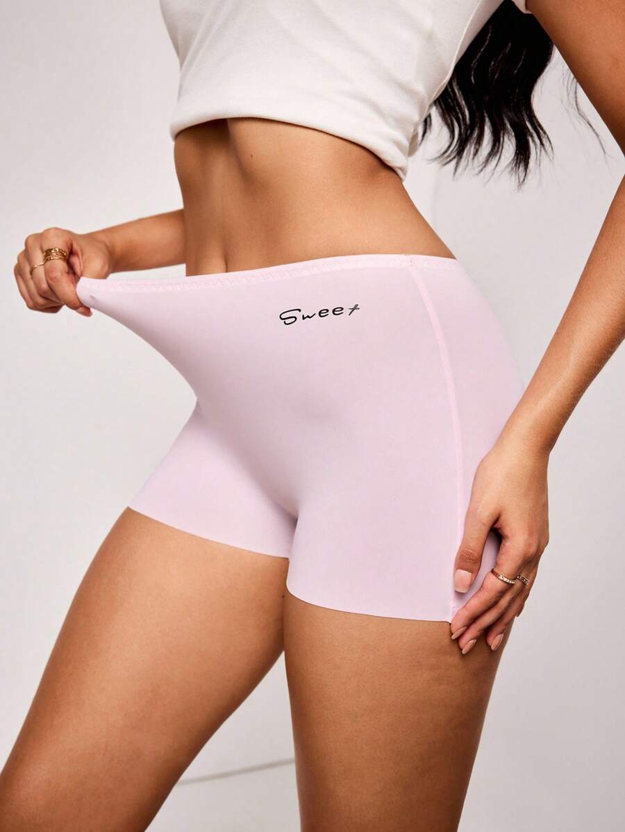 SHEIN 女士高弹力休闲字母印花舒适三角裤，夏季 - 粉色 - 查看 1