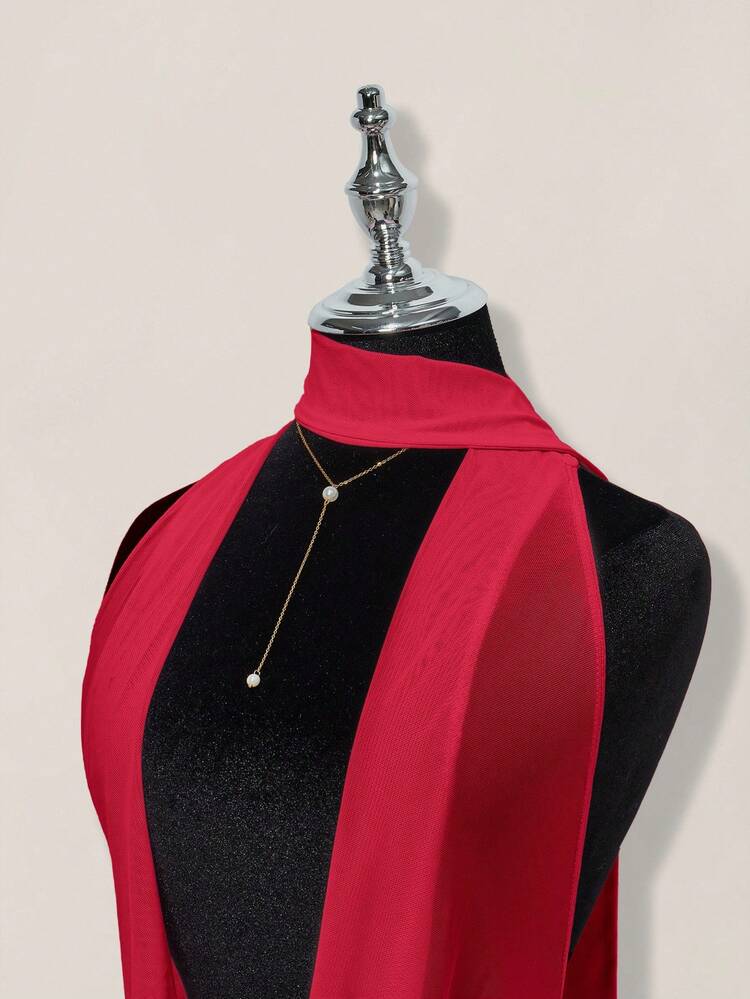 SHEIN ICON 女式粉色透视深垂领褶饰腰部系带露背紧身迷你连衣裙 - 紅色 - 查看 4