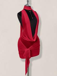 SHEIN ICON Women's Red Sheer Deep Draped Neck Ruched Tie Waist Backless Bodycon Mini Dress Draped Dress,Party Dresses For Women,Dresses For Women Party - Red - View 5