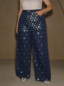 Anewsta Plus Size Fashion Beaded Embellished Straight Leg Jeans For Women, Suitable For Festival, Casual, Elegant