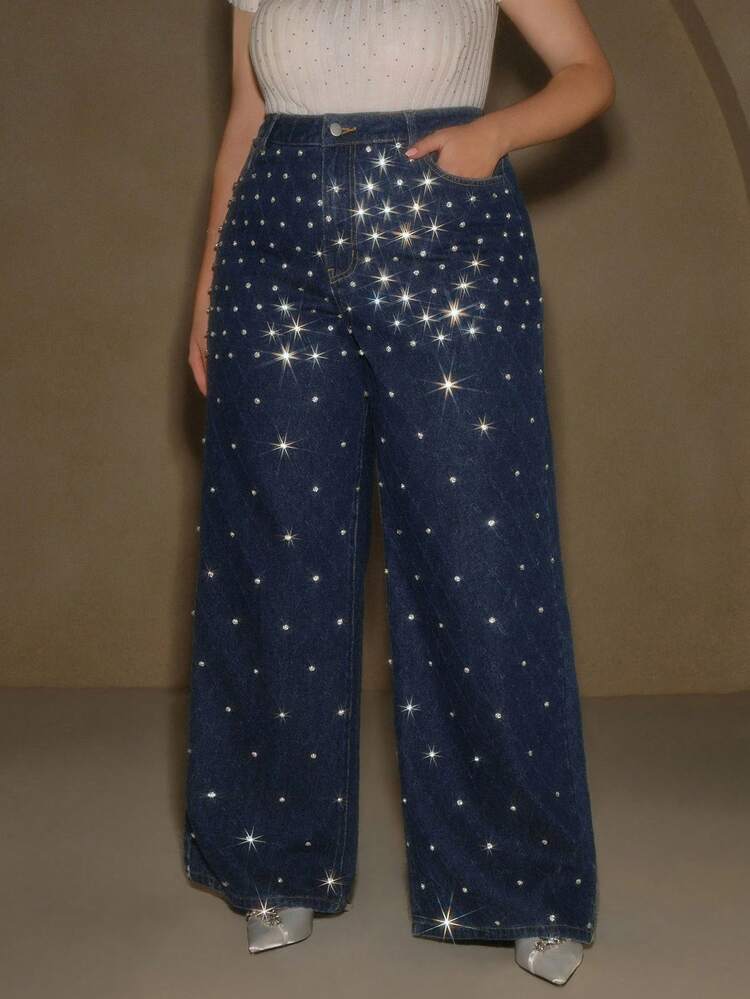 Jeans rectos con abalorios y adornos para mujer de talla grande, adecuados para festivales, uso casual y elegante