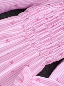 Mädchen Tween Jumpsuit mit Schleife, Streifen-Allover-Muster, Rüschenärmeln, Taillenbindung - Pink - Übersicht 7