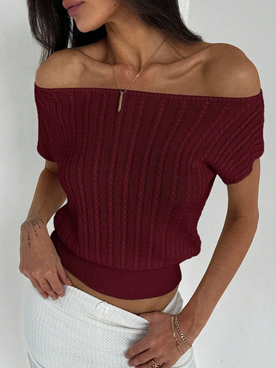 Aloruh Camiseta de mujer de punto texturizado, ajustada a la cintura, con hombros descubiertos, de estilo minimalista y elegante - Granate - Ver 1