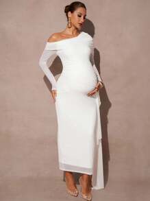 MaterniChic 孕妇纯色不对称肩带设计修身优雅连衣裙 - 白色 - 查看 7
