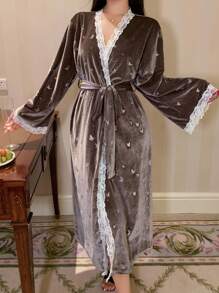 DAZY Butterfly Print Lace Patchwork Loose Long Sleeve Women Sleepwear Robe Pajama - Grey - View 5